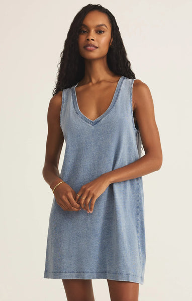 Sloane V-Neck Knit Denim Dress- Indigo
