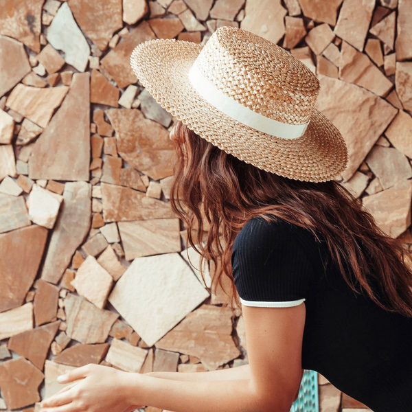 Zig Zag Braided Boater Hat- Natural/White