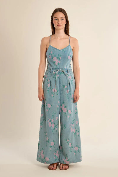 Printed Denim Jumpsuit- Floral