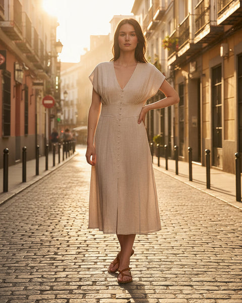 Button Front Dress- Sand