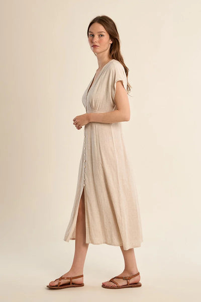 Button Front Dress- Sand