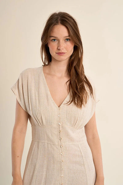 Button Front Dress- Sand