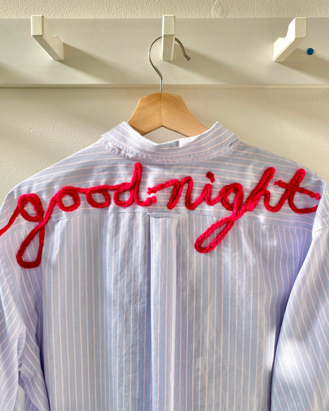 Good Night Sleep Shirt- Blue with White and Pink pin stripe