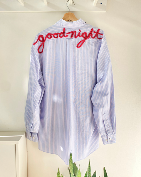 Good Night Sleep Shirt- Blue with White and Pink pin stripe