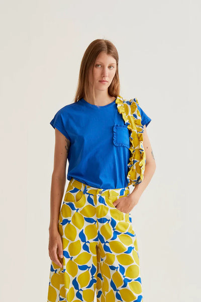 Cotton Ruffle Pocket Tee- Blue