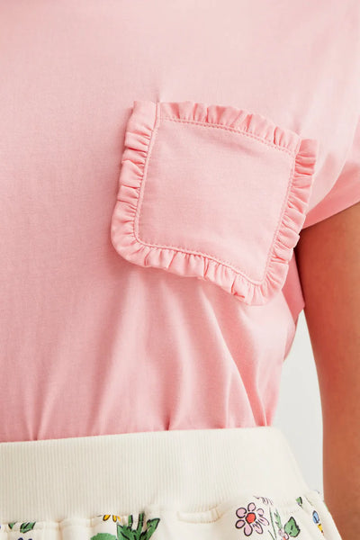 Cotton Ruffle Pocket Tee- Pink