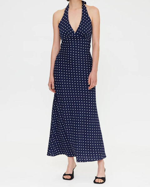 Navy Polka Dot Halter Dress