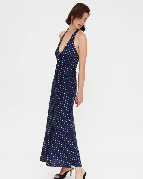 Navy Polka Dot Halter Dress