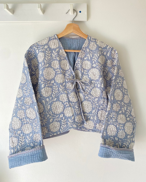 Handmade Reversible Quilted Jacket- Blue Grey Floral