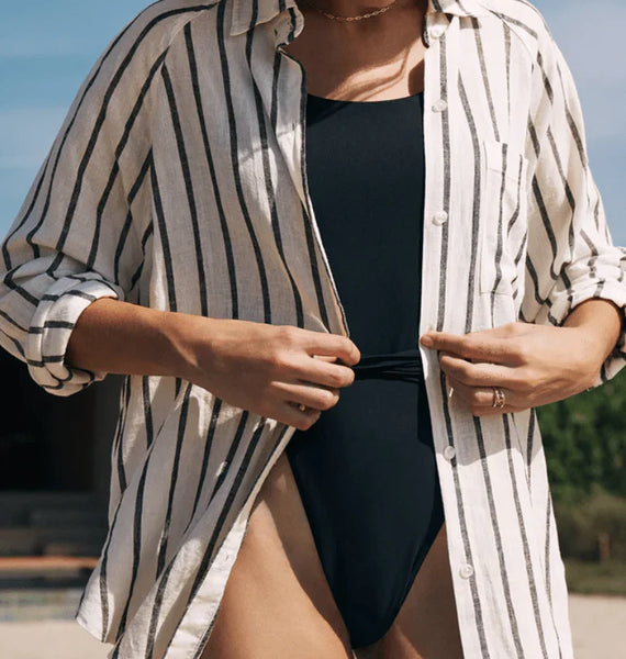 The Perfect Linen Top-Striped Black