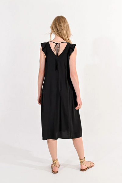 Loose-fitting Dress with Ruffled Shoulder- Black