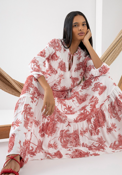 Tropical Toile Print Dress- Red