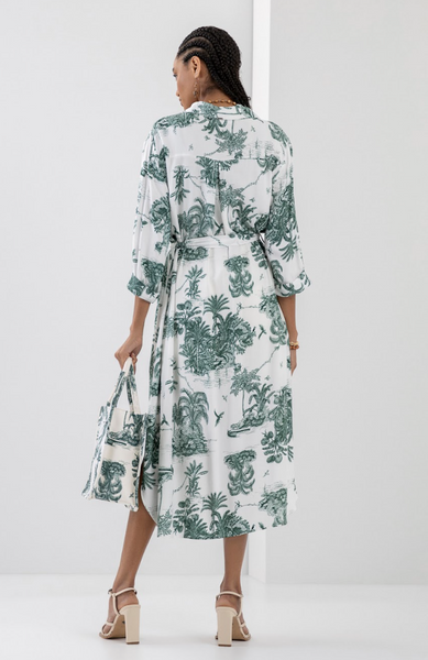 Tropical Toile Print, Shirt Dress- Green