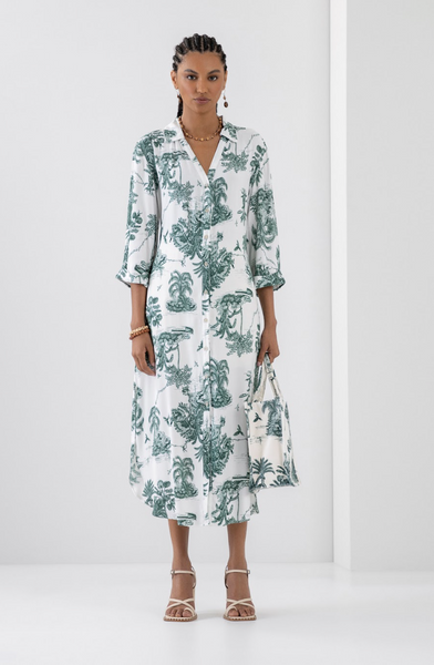 Tropical Toile Print, Shirt Dress- Green