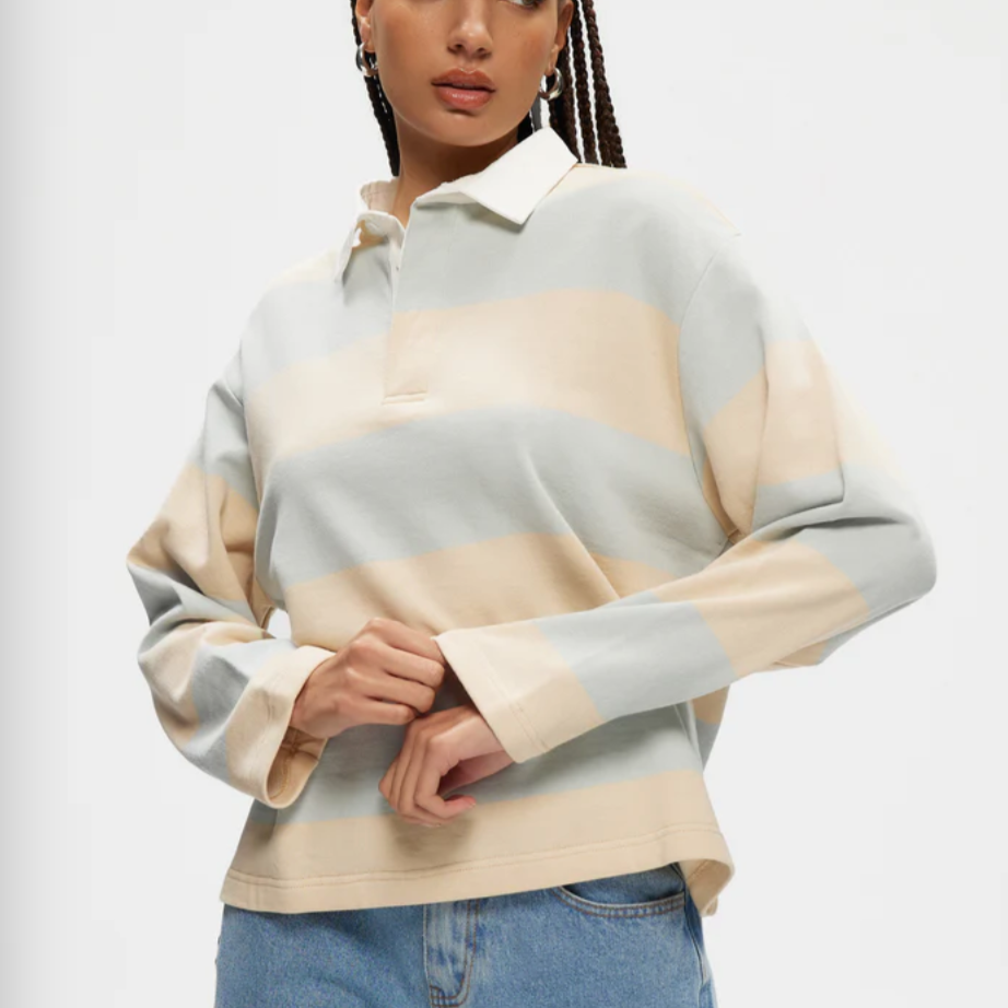 Cropped Rugby Shirt- Blue/Beige