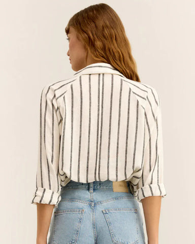 The Perfect Linen Top-Striped Black