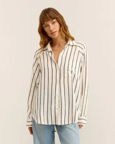 The Perfect Linen Top-Striped Black