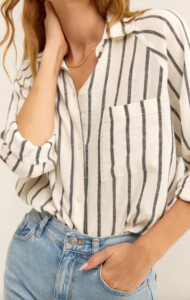 The Perfect Linen Top-Striped Black