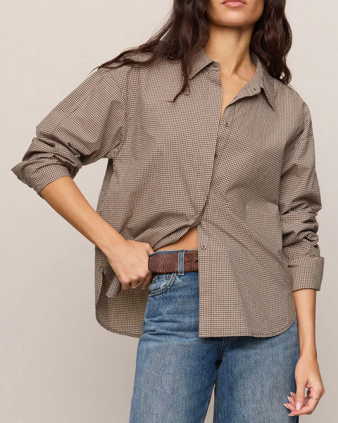 On Duty Gingham Button Up Top- Dark Choc