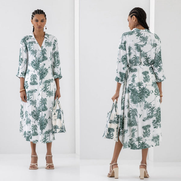 Tropical Toile Print, Shirt Dress- Green