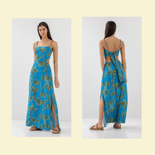 Blue Palm Tree Dress With Bead Straps