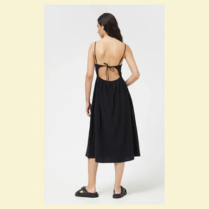 Cotton Tie Back Midi Dress- Black