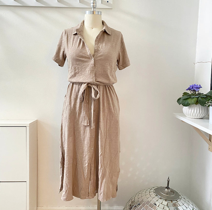 Button-Down Dress with Belt- Taupe
