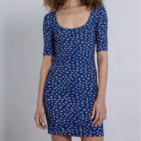 Ribbed Jersey Dress- Blue with Print