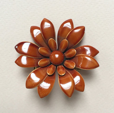 Amber Flower, Enamel Brooch- Vintage