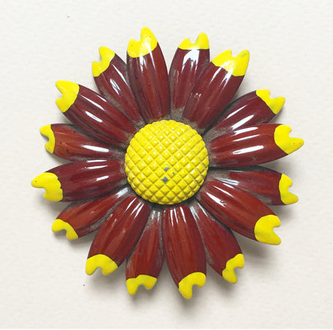 Gerbera Daisy, Red and Yellow Enamel Brooch- Vintage
