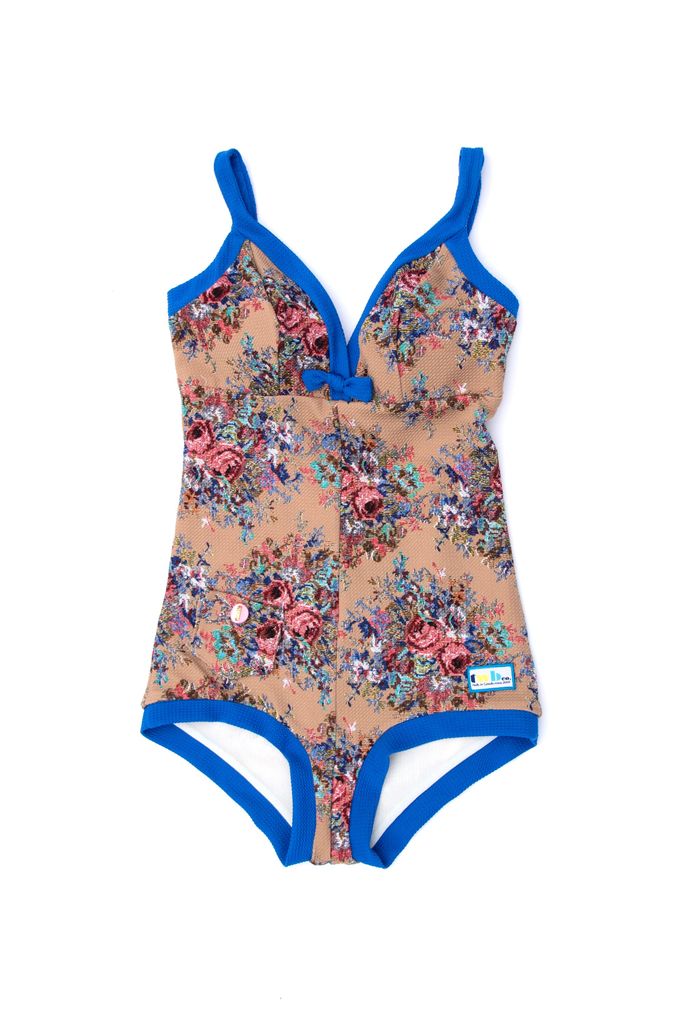 The Deco Suit in Beige Floral/Coral/Bluebell